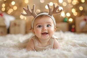 portrait cute happy baby in headband with deer antlers lying on white fuzzy blanket on golden bokeh background photo