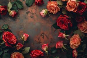 top view floral composition red roses border frame on dark concrete stone background with copy space photo