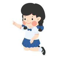 Kid student sitting on the floor pointing with a finger vector