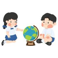 Cute student Boy and girl exploring large globe vector