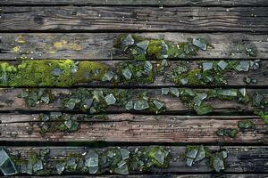 grunge texture old weathered wooden planks surface background with peeling paint, moss and glass shards top view photo