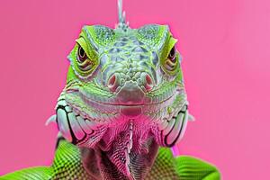 closeup portrait of green lizard on pink background photo