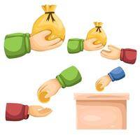 Set of hand illustrations giving donation, zakat, alms vector