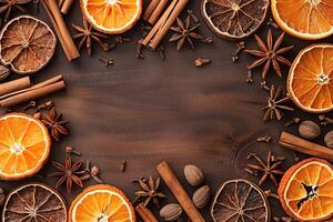 border frame composition of cinnamon sticks, dried oranges and star anise top view on brown wooden background with copy space photo