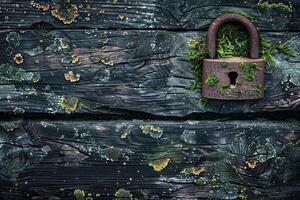 top view of old rusty lock on dark weathered wooden planks with moss with copy space photo