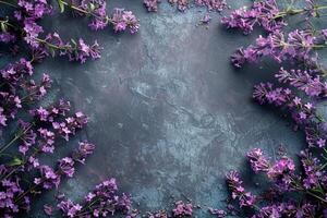 purple lavender frame on gray concrete background top view, floral template with copy space photo