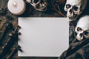 mockup white blank paper sheet with candle and scull top view, halloween template empty card flat lay for design photo
