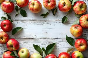 top view composition red ripe apples with leaves border frame on white wooden background with copy space photo