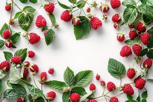 top view composition red ripe raspberries with leaves border frame on white background with copy space photo