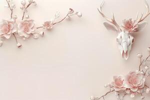 halloween top view template deer skull and flowers, flat lay for design in pastel colors with copy space photo