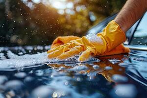 gloved hand washing black car with yellow rag and detergent with foam on blurred background photo