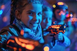 portrait of a little happy girl with toy gun playing in laser tag photo