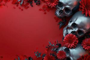 halloween composition top view template border frame with human skulls and flowers on red background with copy space photo