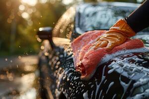 closeup of gloved hand washing black car with red rag and detergent with foam photo