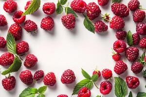 composition red ripe raspberries with leaves frame on white background top view with copy space photo
