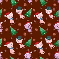 Cute cat with Christmas hat and Christmas tree on red color background pattern vector
