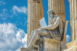 closeup of statue of an ancient god sitting and working at laptop with ancient columns and blue sky backgroubd photo