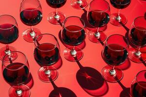 stylish pattern wine glasses with red wine on red background with bright sunlight, shadows and reflections photo