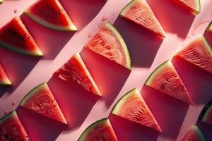 top view pattern of pieces of ripe delicious watermelon on a pink background with bright sunlight and shadows photo