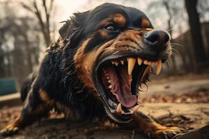 aggressive dog with mouth open and teeth bared, showing its teeth photo