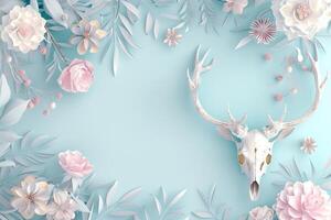 top view image white deer skull and flowers top view, halloween template flat lay for design on pastel blue background photo