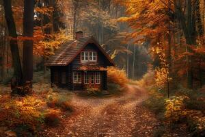 small wooden house in the wilderness of an autumn forest with bright orange trees photo