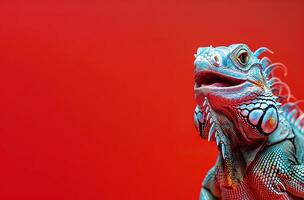 closeup portrait of iguana lizard with open mouth on bright red background with copy space photo