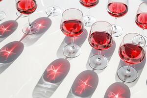 A row of wine glasses with red wine in them on white background with bright sunlight, shadows and reflections photo