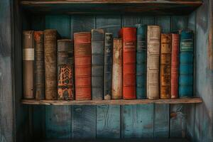 Old books standing on a bookshelf in a museum or library. Background photo