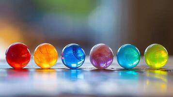 Six multi-colored balls lie in a row on the table photo