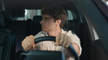 Frustrated stressed worried irritated angry Caucasian driver worry about traffic jam lateness business failure relationship breakup auto broken lost man problem sit in car automobile driving trouble photo