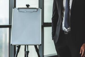 Young startup leader entrepreneur ready to present idea discuss on whiteboard investors meeting founder diversity equity equality and inclusion teamwork teambuilding exercise business photo
