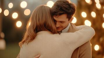 Embracing Lovers Surrounded by Glowing Festive Lights in Enchanting Atmosphere photo