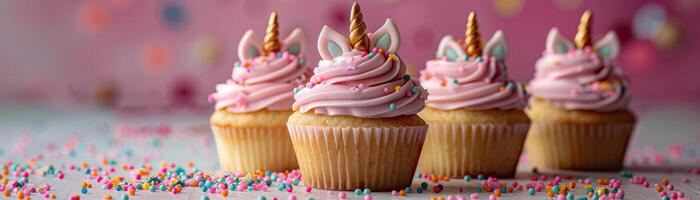 Mini Unicorn Cupcakes with Rainbow Sprinkles and Festive photo