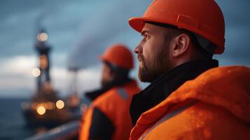 Offshore Oil Rig Workers in Protective Gear Preparing for photo