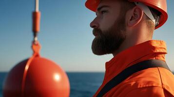 Construction Worker Operating Machinery on Offshore Oil Rig Platform photo