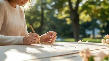 Woman Writing Uplifting Message on Large Banner in Natural Setting photo