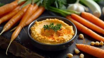 Freshly Peeled Carrots with Bowl of Hummus Dip on Wooden Tabletop photo