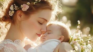 Intimate Moment of a Mother Breastfeeding Her Newborn in a Serene Natural Setting photo