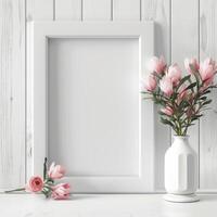 Mockup of Blank White Frame on Wooden Table with Pink Tulips Vase photo