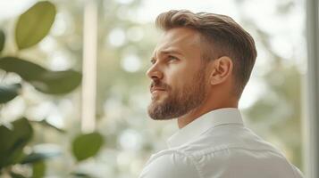 Businessman Reflecting on Leadership and Growth Strategies in Corporate Office Setting photo