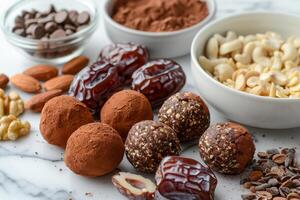 Vegan Energy Balls with Dates Nuts and Cocoa for a Healthy Snack or Treat photo