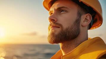 Focused oil platform worker operating drilling equipment during sunset photo