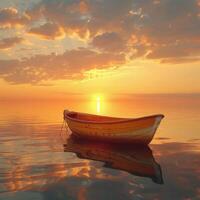 Peaceful Boat on a Serene Sunset Sea with Golden Light Reflection photo