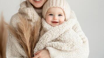 Mother Embracing Infant in Soft Knitted Blanket with Tender Care photo