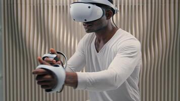 3d world African American man male guy play VR helmet virtual augmented reality futuristic online Internet technology futurism cyber game addicted interface playing metaverse artificial intelligence photo