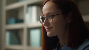 Close up pensive Caucasian business woman looking away thinking smiling thoughtful girl businesswoman in glasses think ponder idea solution calm look distance dream at home office contemplate dreaming photo