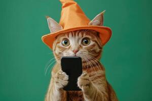 Ginger cat wearing halloween witch hat using smartphone on green background photo