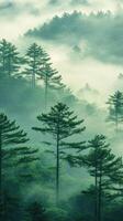 Evergreen coniferous trees emerging from misty forest in the morning photo