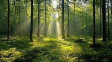 Sunlit forest with rays of light filtering through tall evergreen trees. photo